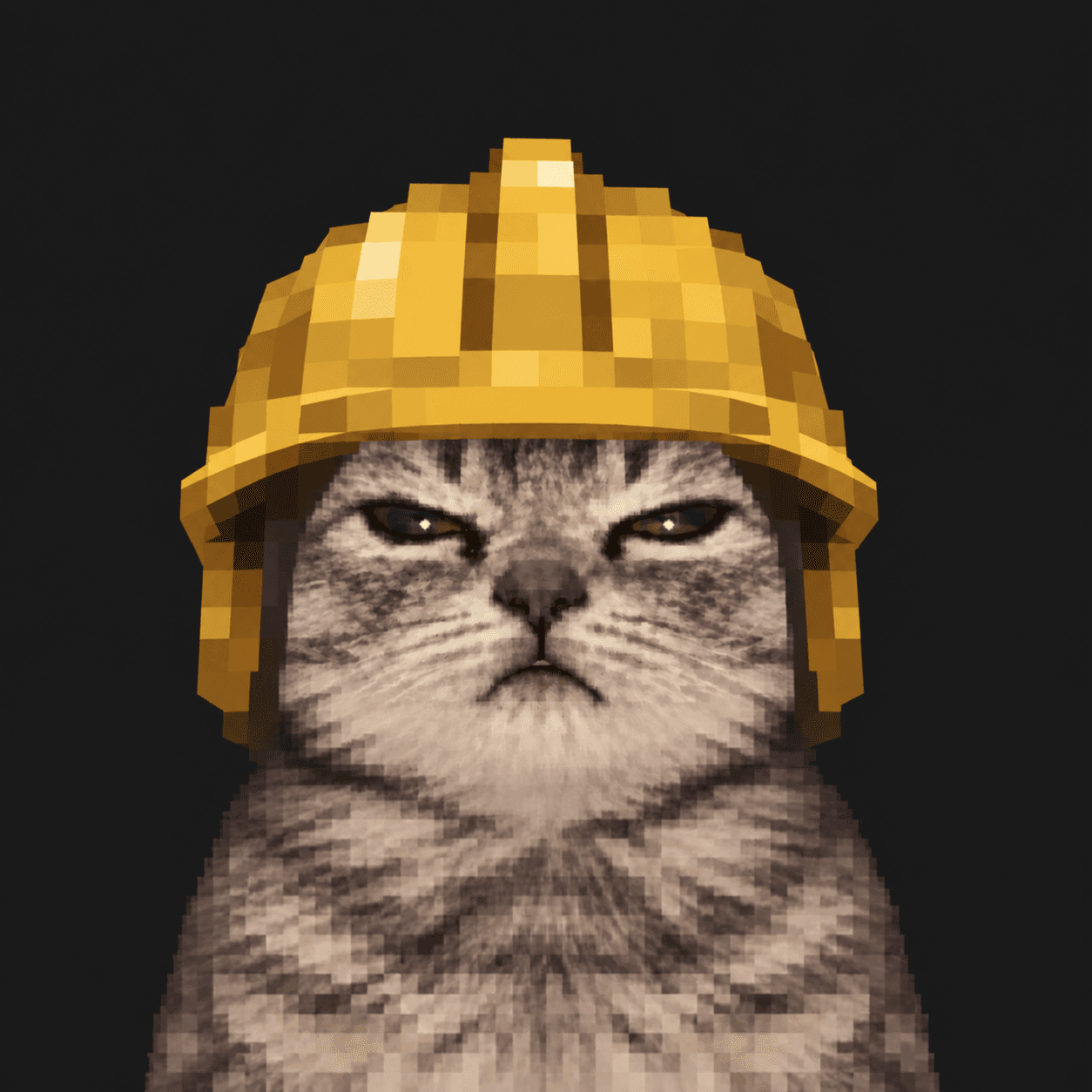 Close-up portrait of HARDCAT in a yellow hardhat