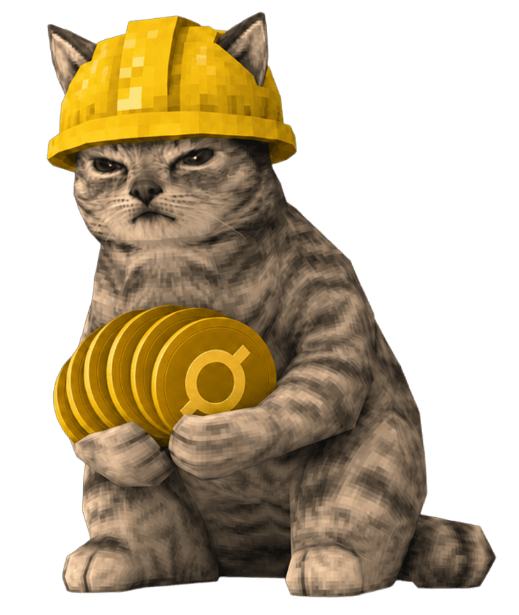 Hardhat cat holding gold ORE coins